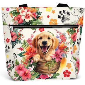 84hoods Large Waterproof Tote Bag with Pockets and Zipper for Women for Work. Gift for Golden Retriever Lovers and Owners.