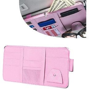 1 PC Car Sun Visor Storage Bag, 11.4" X 5.9" Leather Driver's License Card Storage Bag Clip Zipper Sunglasses Holder Bag, Multifunctional Accessory, Compatible with Most Cars SUVs (Pink)