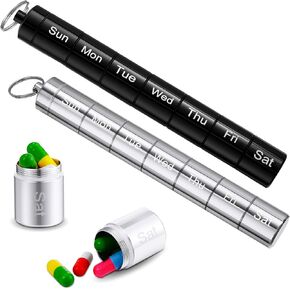 Vesici 2 Pack Weekly Pill Organizer Metal Pill Holder 7 Day Weekly Small Pill Container Stackable Metal Pill Case for Travel(Black, Silver)