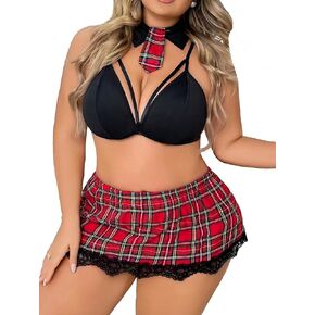 WDIRARA Womens Plus Size 2 Piece School Girl Costume Plaid Tartan Contrast Lace Tie Back Lingerie Set