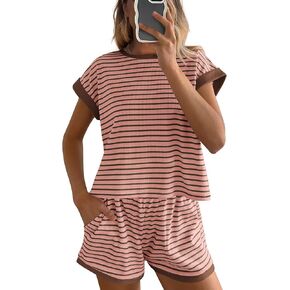 BTFBM Womens Striped Knit Sets 2 Piece Outfits 2025 Summer Short Sleeve Tops Elastic Waist Shorts Lounge Sets Pockets