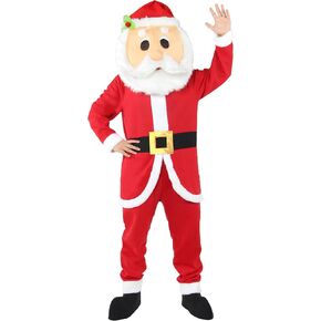 Christmas Mascot Santa Claus Costume Adult 3PCS Red Deluxe Onesie Jumpsuit Head for Xmas Halloween Cosplay Party