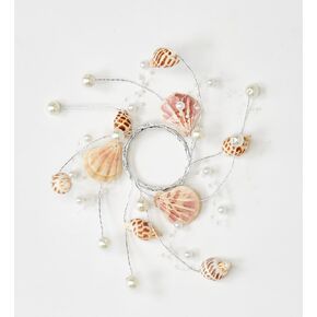 5" Beach Decoration Sea Shell and Pearl Candle Ring, 2" Inner Diameter, Set of 2