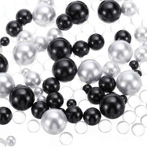 PATIKIL 150 Pieces Floating Beads, 8/14/20mm Vase Fillers Beads Vase Centerpieces Floating Pearl Bead No Hole and 8000Pcs Clear Water Gel Bead for Vase Decoration Crafts, Black/Gold
