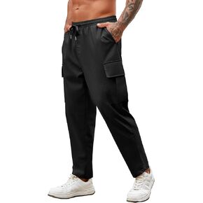 COOFANDY Mens Cargo Pants Relaxed Fit Casual Linen Pants Drawstring Sweatpants with 6 Pockets