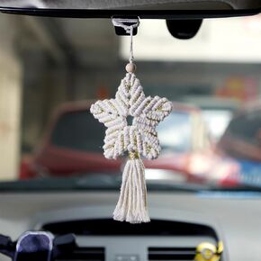 Crochet Star Rear View Mirror Accessories, Handmade Car Mirror Hanging Accessories, Cute Car Accessories for Women Interior Five-Pointed Star Car Hanging Ornament Car Decor/Home Pendants