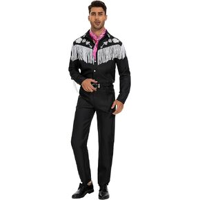 LILLIWEEN Men Cowboy Costume With Scarf Western Long Sleeve Fringe Shirt Halloween Cosplay