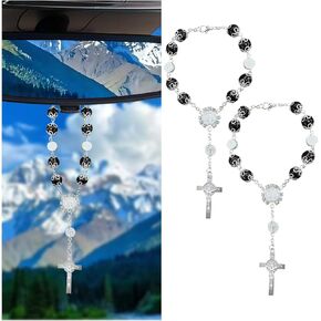 2PCS Car Rearview Mirror Rosary, Cross Blessing Rosary Decoration, Personalized Rear View Mirror Charm, Car Interior Accessories, Auto Hanging Pendant for Men Women (White)