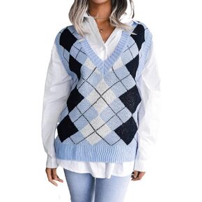 Women’s Argyle Plaid Sweater Pullover Long Sleeve V Neck Soft Stretchy Knitwear