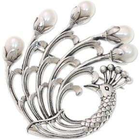 NOVICA Artisan Handmade Cultured Freshwater Pearl Brooch Pin Sterling Silver Peacock with Pearls White Indonesia Animal Themed Birthstone Birdpeacock [2.4 in L x 2.2 in W x 0.4 in D] ' Resplendent