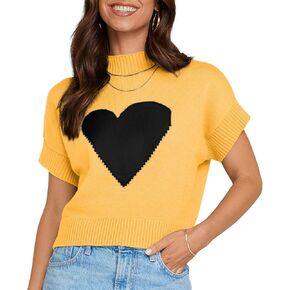 TARSE Womens Cropped Sweater Vest Casual Mock Neck Loose Fit Knit Sweater Pullover Top Trendy Cute Heart Cap Sleeve Tops