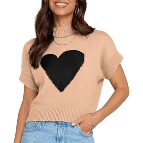 TARSE Womens Cropped Sweater Vest Casual Mock Neck Loose Fit Knit Sweater Pullover Top Trendy Cute Heart Cap Sleeve Tops