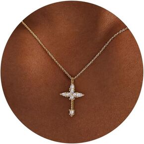 Cross Necklace for Women, 14k Gold Plated Dainty Necklace Cute Cubic Zirconia Cross Pendant Necklace for Women Simple Small Gold Pearl Cross Necklaces Gold Jewelry