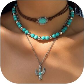 CSIYANJRY99 Layered Western Necklaces for Women Vintage Turquoise Beaded Western Jewelry for Women Ox-head Cactus Cross Chain Necklaces Country Concert Cowgirl Dresses Accessories