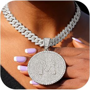 Round Big Initial Necklace for Women, Cuban Link Chain 14mm Diamond Prong Cuban Chain, Cursive Gold Silver Initial Necklace Cuban Link Necklace