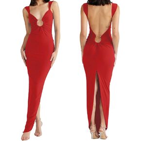 Sexy Backless Dresses for Women Cut Out Bodycon Maxi Dress Open Back Smocked High Slit Party Long Cocktail Dresses
