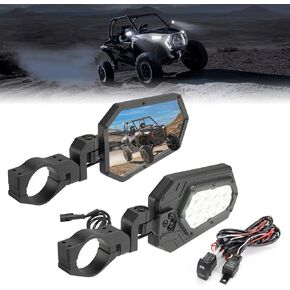 KEMIMOTO Aluminum UTV Side Mirrors Lights, Fits 1.75" - 2" Roll Bar with Windshield, Side by Side Mirrors Bright Lights Compatible with Polaris RZR, Can-am Maverick X3, Kawasaki Teryx Mule