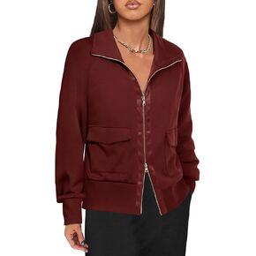 Fisoew Women's Zip up Sweatshirt Collared Neck Long Sleeve Loose Casual Lightweight Jacket with Pockets