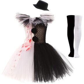 Girls Clown Costume Halloween Cosplay Clown Tutu Dress Costume for Kids with Hat