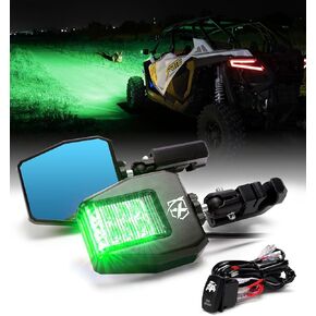 Xprite UTV Side Mirrors Aluminum with Green LED Spot Light Clear Lens Hunting Light for 1.75"-2" Roll Cage Bar Compatible with Pioneer Polaris RZR, Side by Side, Can Am, Kawasaki Teryx Mule, Yamaha
