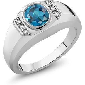 Gem Stone King 1.36 Cttw London Blue Topaz and White Created Sapphire Ring For Men In 925 Sterling Silver | Gemstone Birthstone | Available In Size 7, 8, 9, 10, 11, 12, 13