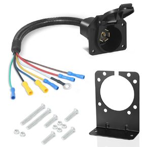 7 Pin Trailer Plug Connector Socket with Mounting Bracket, 7 Way Rv Trailer Light Socket Quick Converter with Butt Connector 7 Way Universal Pigtail Pure Copper Trailer Wire Vehicle Side