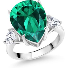 Gem Stone King 9.19 Cttw Green Nano Emerald and White Moissanite 3-Stone Ring For Women In 925 Sterling Silver | Pear Shape 16X12MM | Trillion 5MM | Available In Size 5, 6, 7, 8, 9