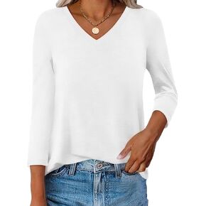 Womens V Neck 3/4 Sleeve T Shirts Casual Curved Hem Tunic Tops Basic Loose Fit Tees Fall Outfits 2024