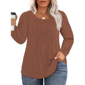 VISLILY Womens-Plus-Size-Dressy-Tops Trendy Puff Long Sleeve Shirts Cute Flowy Pleated Blouses Casual Crewneck Tunics XL-5XL