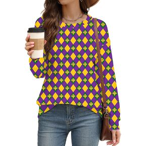 LAZYCHILD Mardi Gras Shirts for Women: Mardi Gras Outfit Fat Tuesday Carnival T-Shirts Mardi Gras Long Sleeve Tops
