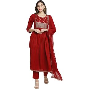 Rajnandini Women's Rayon Embroidered Kurta Set With Dupatta (JOPLVL245-P_Maroon_P)