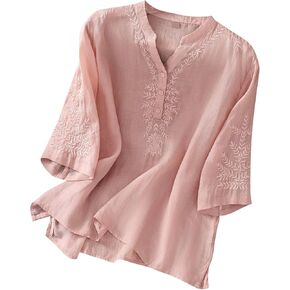 Women's Cotton Linen V neck Button Down 3/4 Lantern Sleeve Tunic Embroidered Tops Blouse
