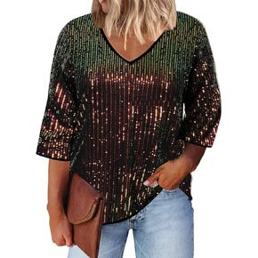 Plus Size Sequin Tops for Women 3/4 Sleeve Party Shirts Shimmer Fall Wedding V Neck Blouse Oversize XL-4XL