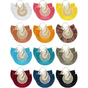 12 Pairs Statement Tassel Earrings Hoop Tassel Earrings Bohemian Geometric Handmade Earrings for Women