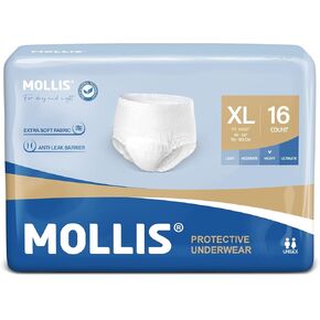 MOLLIS Adult Incontinence & Postpartum Underwear for Men and Women, Disposable Protective Underwear with Overnight Leak Protection, Odor Control, Small/Medium, 16 Count