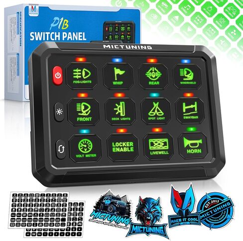MICTUNING P1B 12 Gang Switch Panel, Multifunction Toggle Momentary Flash Strobe Pulsed with Backlight Off Toggle Switch Pod On-Off Circuit Control Relay Box for Car Truck ATV Off Road Marine, Green in Saudi Arabia