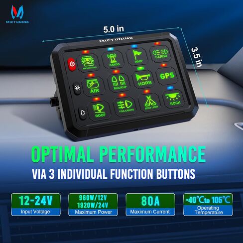 MICTUNING P1B 12 Gang Switch Panel, Multifunction Toggle Momentary Flash Strobe Pulsed with Backlight Off Toggle Switch Pod On-Off Circuit Control Relay Box for Car Truck ATV Off Road Marine, Green in Saudi Arabia