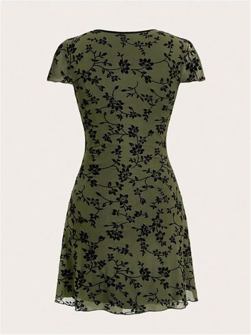 SHENHE Women's Y2k Floral Print Deep V Neck Short Sleeve Fit and Flare Vintage Mini Dress in Saudi Arabia