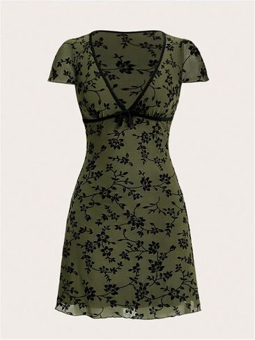 SHENHE Women's Y2k Floral Print Deep V Neck Short Sleeve Fit and Flare Vintage Mini Dress in Saudi Arabia