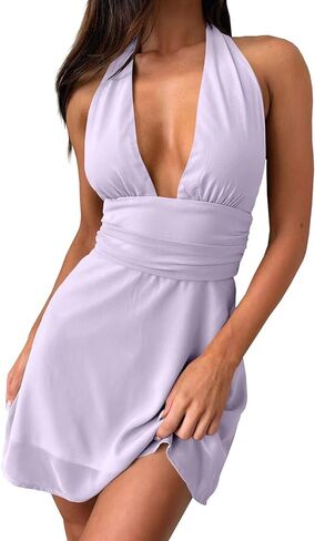 Womens Halter Mini Dress V-Neck A-line Chiffion Sleeveless Backless Party Dress in Kuwait