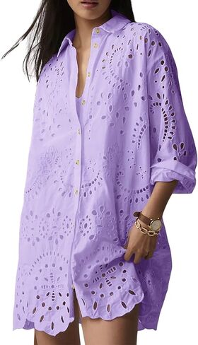 CHARTOU Women Eyelet Lace Dress Button Down Shirt Loose Fit Summer Casual Mini Dress in Saudi Arabia