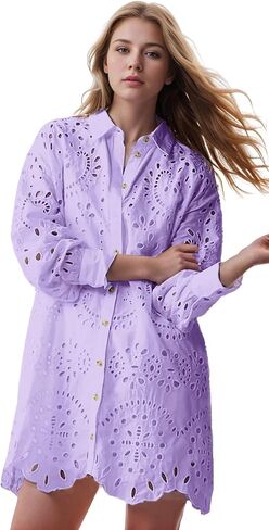 CHARTOU Women Eyelet Lace Dress Button Down Shirt Loose Fit Summer Casual Mini Dress in Saudi Arabia