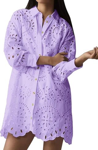 CHARTOU Women Eyelet Lace Dress Button Down Shirt Loose Fit Summer Casual Mini Dress in Saudi Arabia