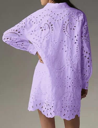 CHARTOU Women Eyelet Lace Dress Button Down Shirt Loose Fit Summer Casual Mini Dress in Saudi Arabia
