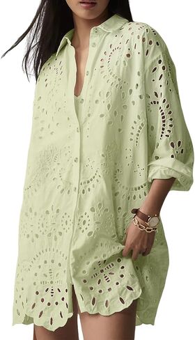 CHARTOU Women Eyelet Lace Dress Button Down Shirt Loose Fit Summer Casual Mini Dress in Saudi Arabia