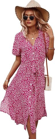 SOLY HUX Womens Summer Dress Casual Ditsy Floral Tie Front Button Up Boho Midi Tshirt Dresses in Saudi Arabia