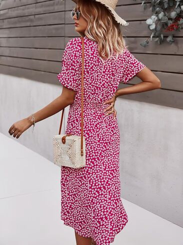 SOLY HUX Womens Summer Dress Casual Ditsy Floral Tie Front Button Up Boho Midi Tshirt Dresses in Saudi Arabia