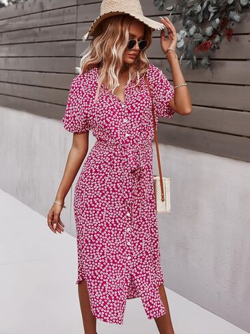 SOLY HUX Womens Summer Dress Casual Ditsy Floral Tie Front Button Up Boho Midi Tshirt Dresses in Saudi Arabia