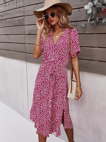 SOLY HUX Womens Summer Dress Casual Ditsy Floral Tie Front Button Up Boho Midi Tshirt Dresses in Saudi Arabia