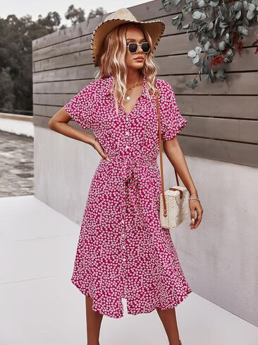 SOLY HUX Womens Summer Dress Casual Ditsy Floral Tie Front Button Up Boho Midi Tshirt Dresses in Saudi Arabia